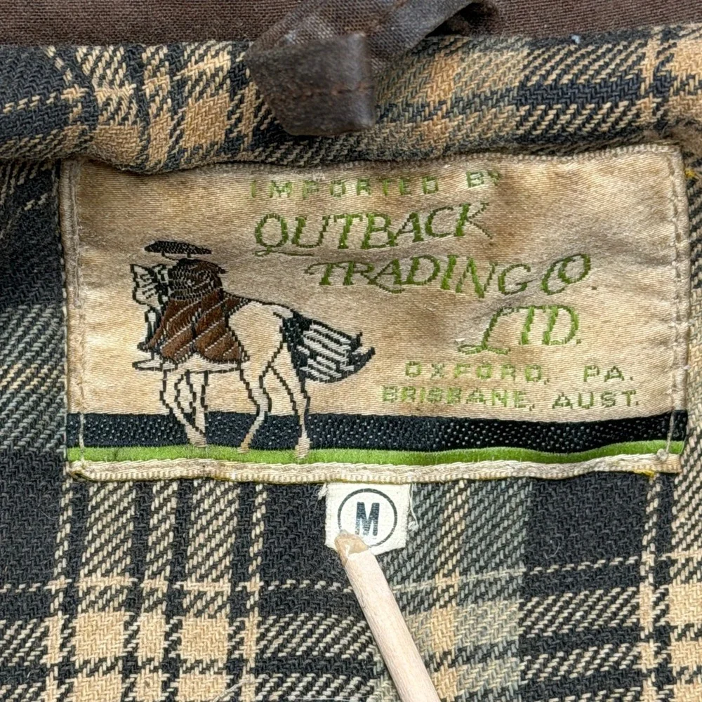 Vtg Outback Trading Co Jacket Mens M Swagman Brown Oilskin Plaid Lined Hunting